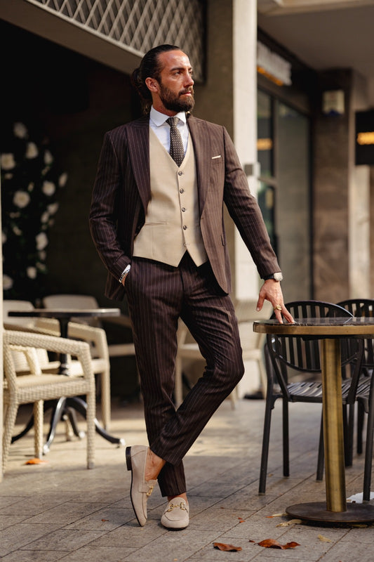 Vespo Beige & Brown Combination Suit - Slim-Fit Three-Piece Elegance