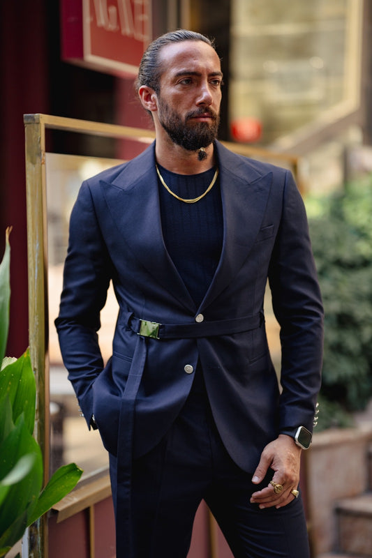 Vespo Navy Blue Buckle Suit - Perfect for Every Occasion