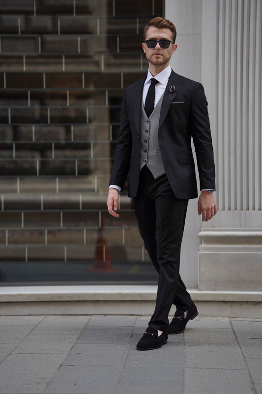 Daniel Black and Gray Wool Suit - Elegant Slim-Fit Three-Piece Ensemble