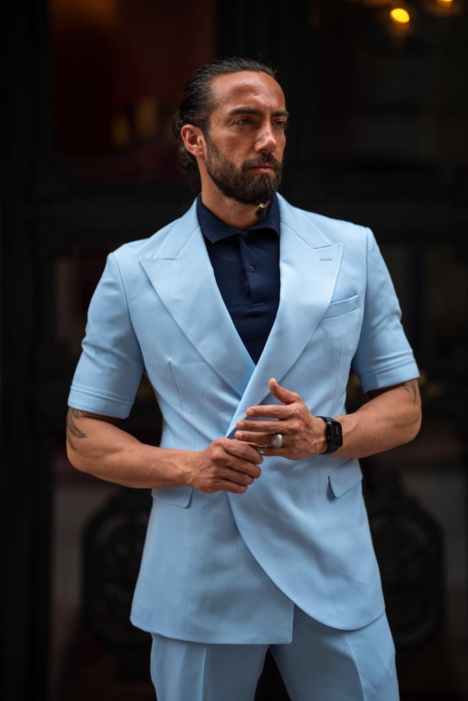Evo Sky Blue Slim Fit Double Breasted Short Sleeve Suit