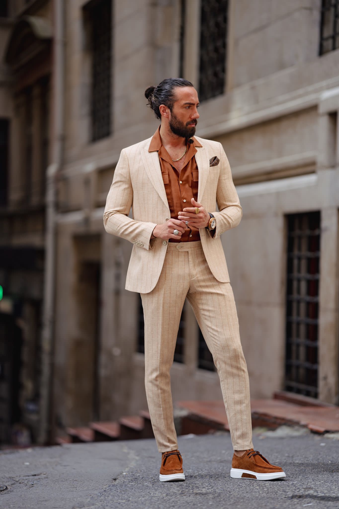 Evo Beige Slim Fit Pinstripe Suit