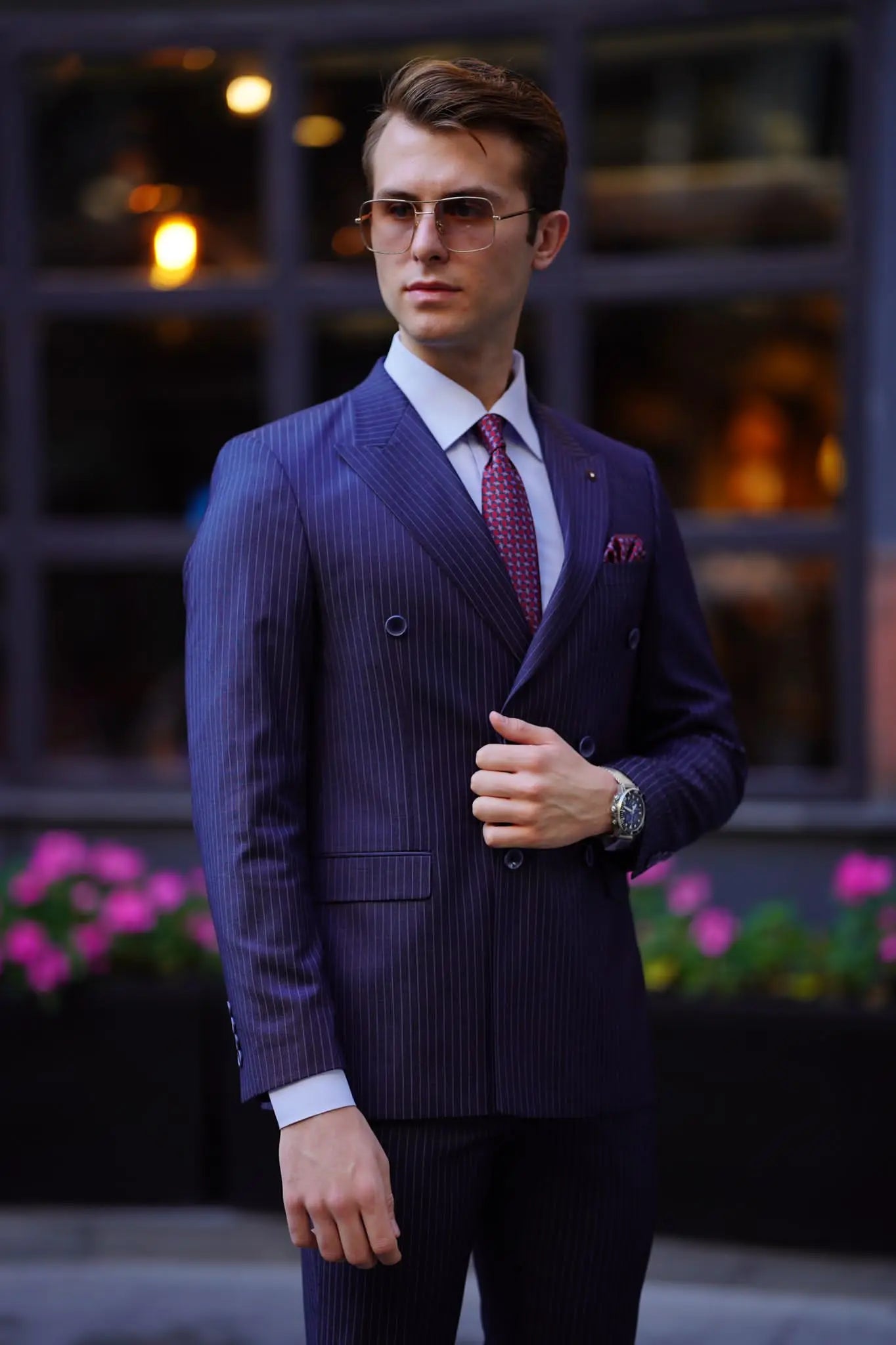 Vespo Pinstripe Navy Blue Double Breasted Suit for Modern Men brabion