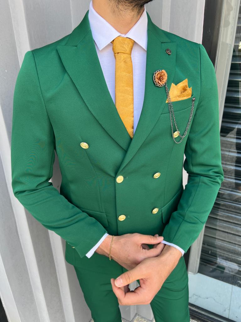 Leon Green Slim Fit Pinstripe Double Breasted Suit