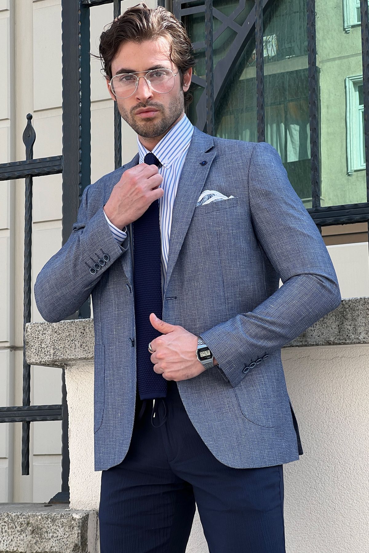 Blue Shirt Light Grey Blazer Navy Pants Jacket Sky Blue Shirt With