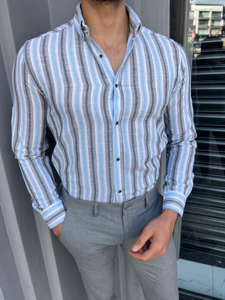 Lyon Blue Slim Fit Long Sleeve Striped Cotton Shirt