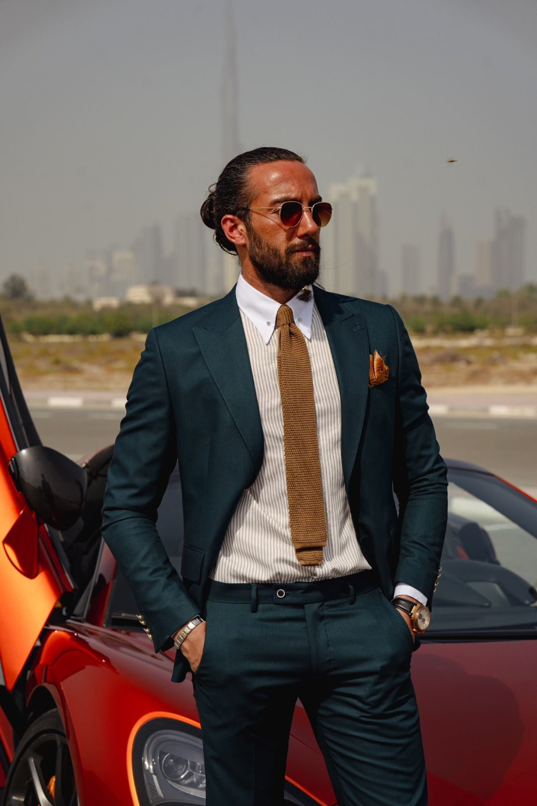 Vespo Green Detailed Slim-Fit Suit