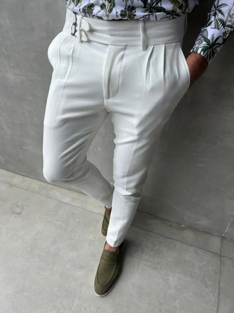 Lyon White Slim Fit Buckle Pants – Effortless Elegance - BRABION