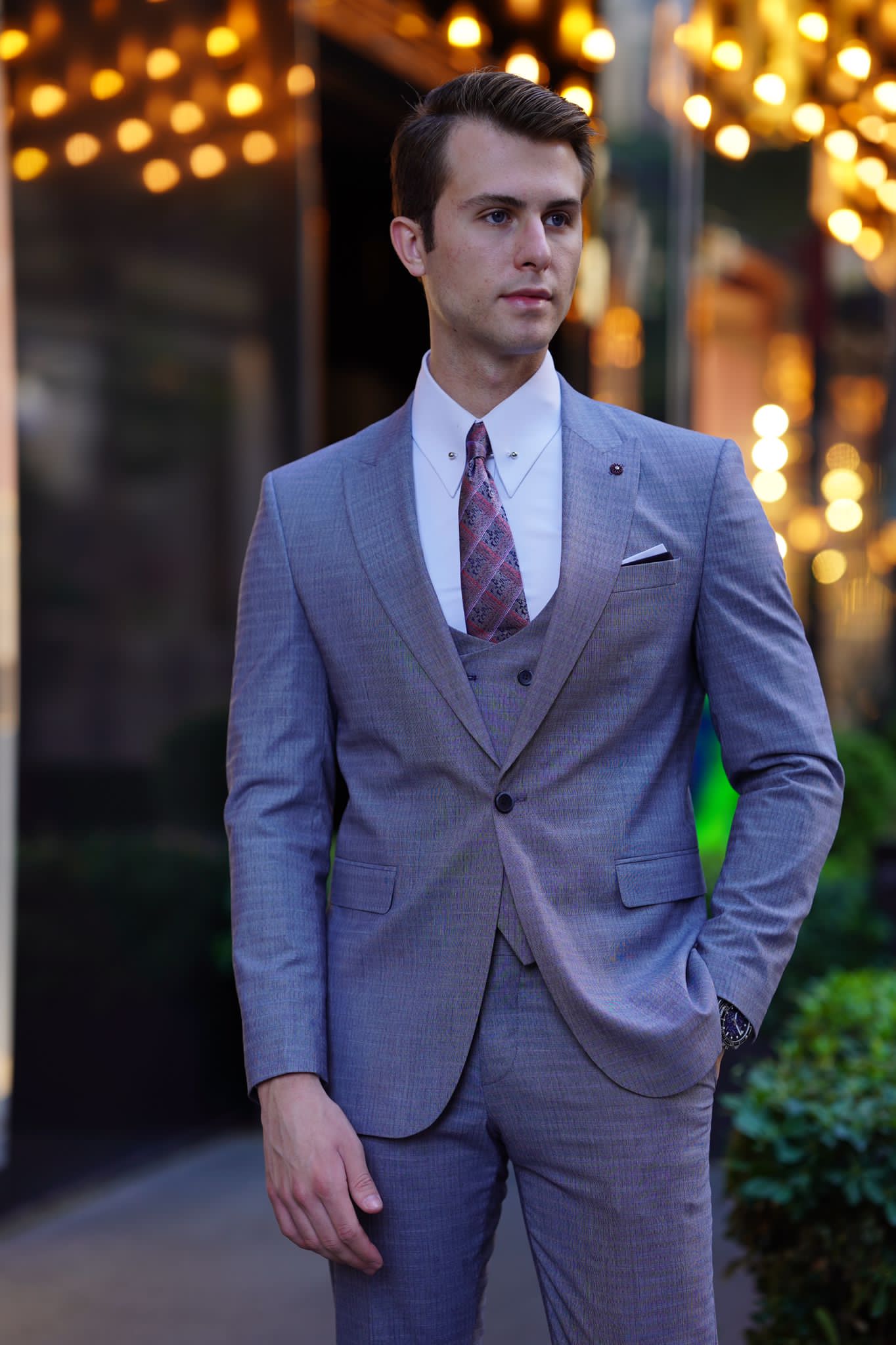 Vespo Patterned Slim-Fit Gray Wool Suit - Elegant Three-Piece Ensemble