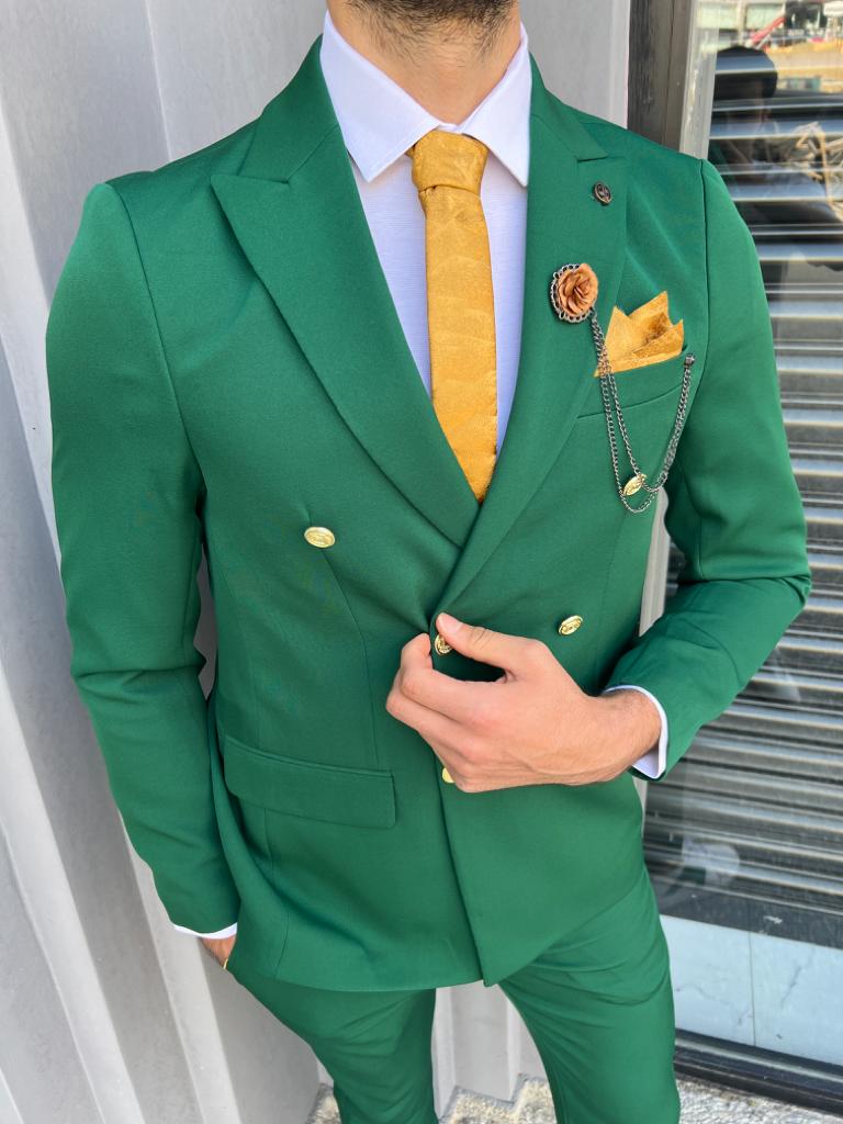 Leon Green Slim Fit Pinstripe Double Breasted Suit