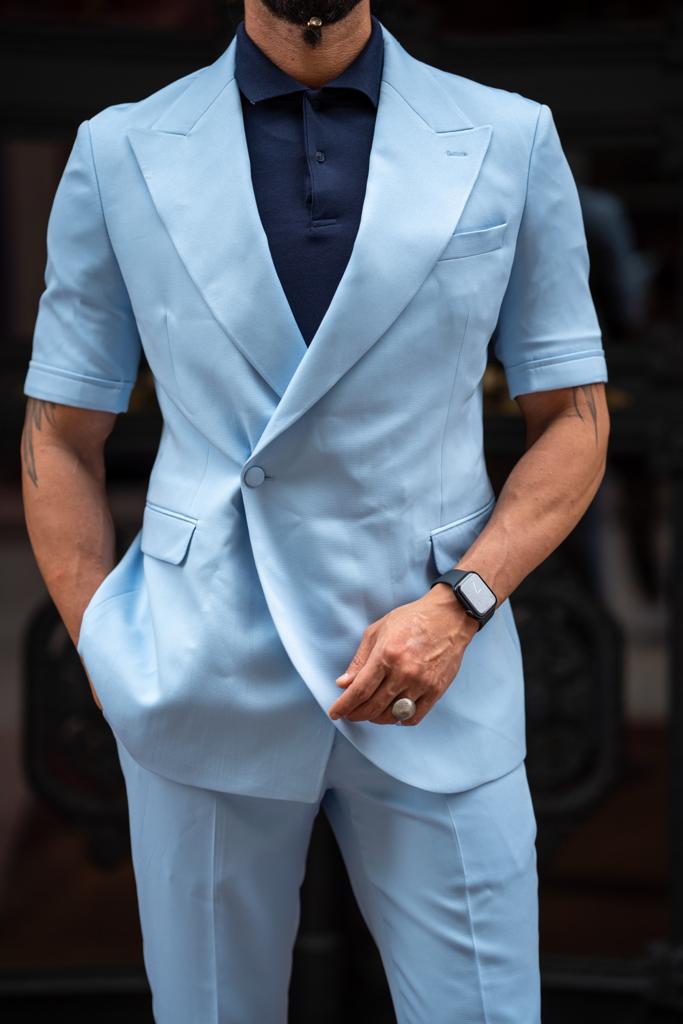 Evo Sky Blue Slim Fit Double Breasted Short Sleeve Suit
