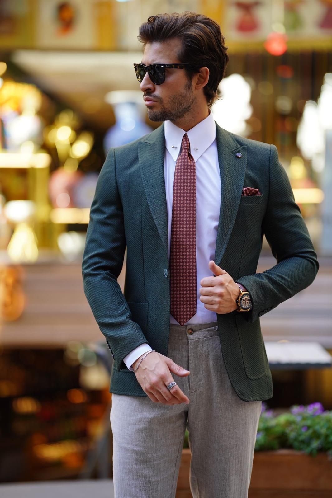 Vespo Self-Patterned Khaki Slim Fit Blazer