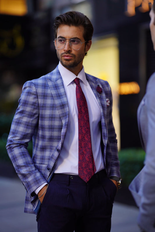 Vespo Plaid Blue Wool Blazer - Slim Fit Elegance for Every Occasion