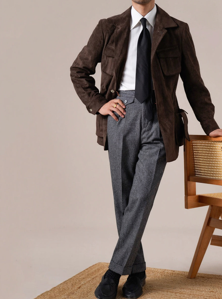 Men’s Suede Hunting Jacket — Slim Fit Belted Suit Collar Coat