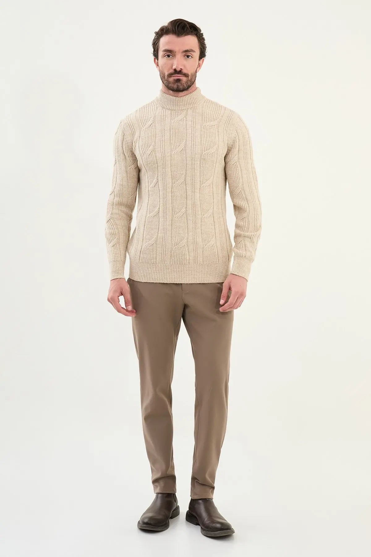Beige Cable-Knit High Neck Sweater - BRABION