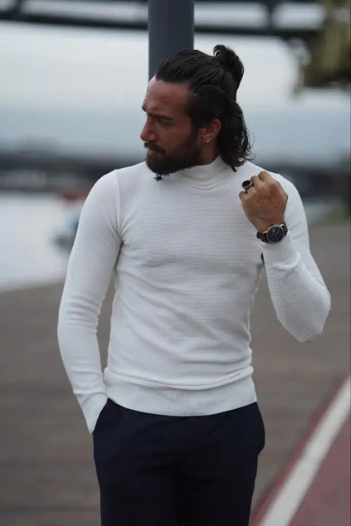 Stefano Slim Fit Custom Design Half Turtleneck White Sweater - BRABION