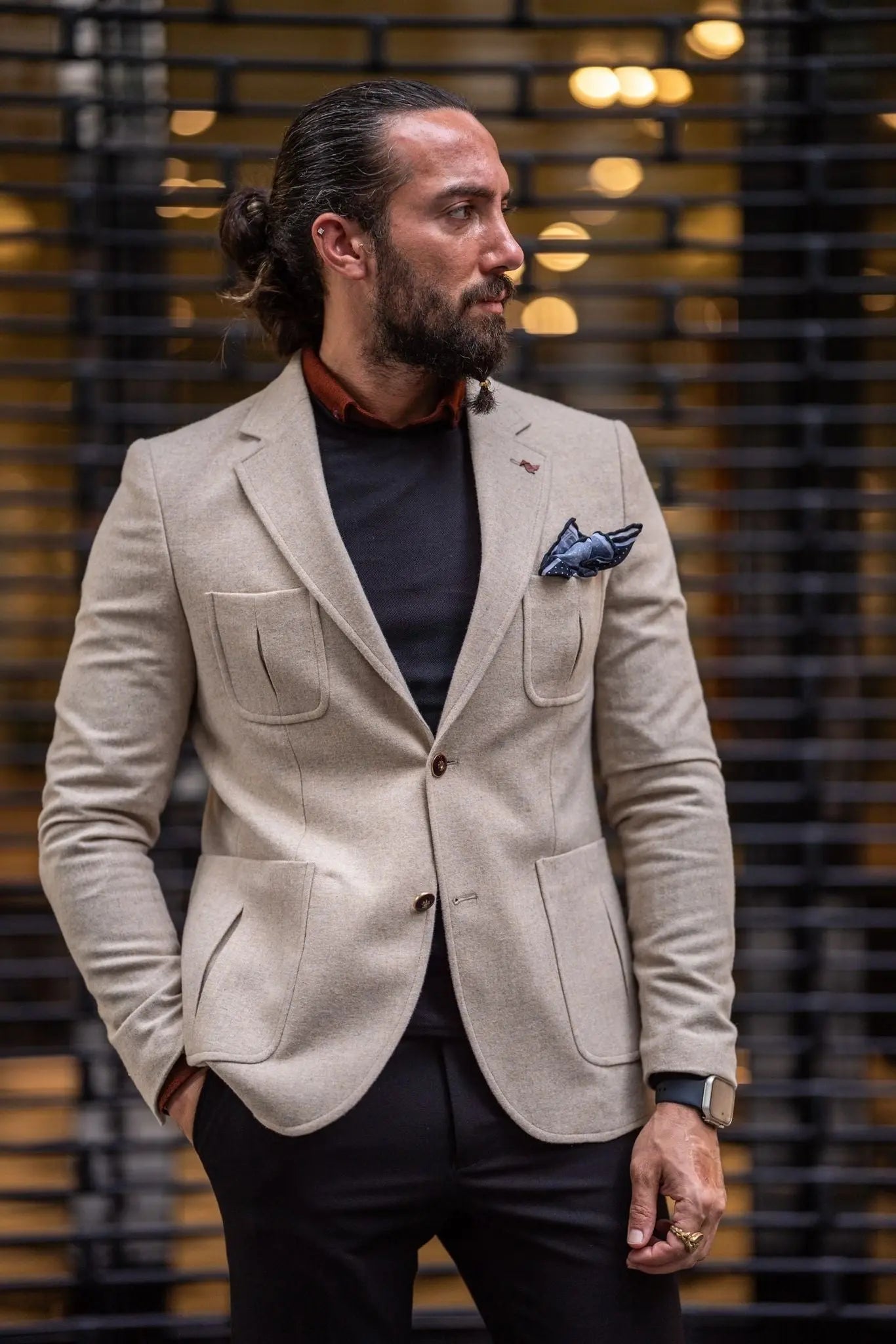beige dress jacket Beige linen one-button Blazer with peak lapels