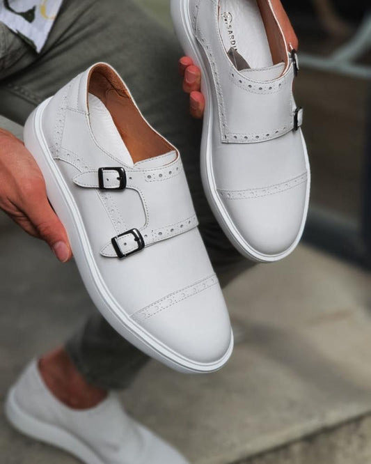 Custer White Monk Strap Cap Toe Shoes - Elegant Men's Footwear