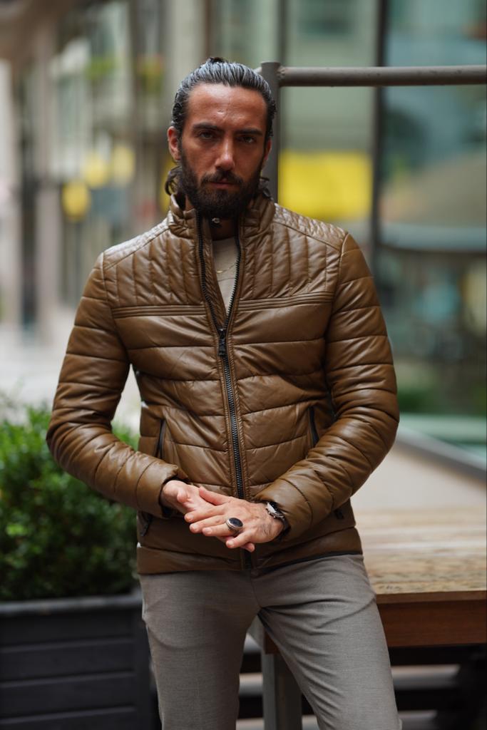 Leather Puffer Jacket Mens Versatile Slim Fit Brown Faux Leather
