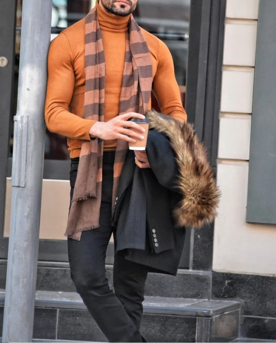 Elko Camel Slim Fit Turtleneck Wool Sweater - BRABION