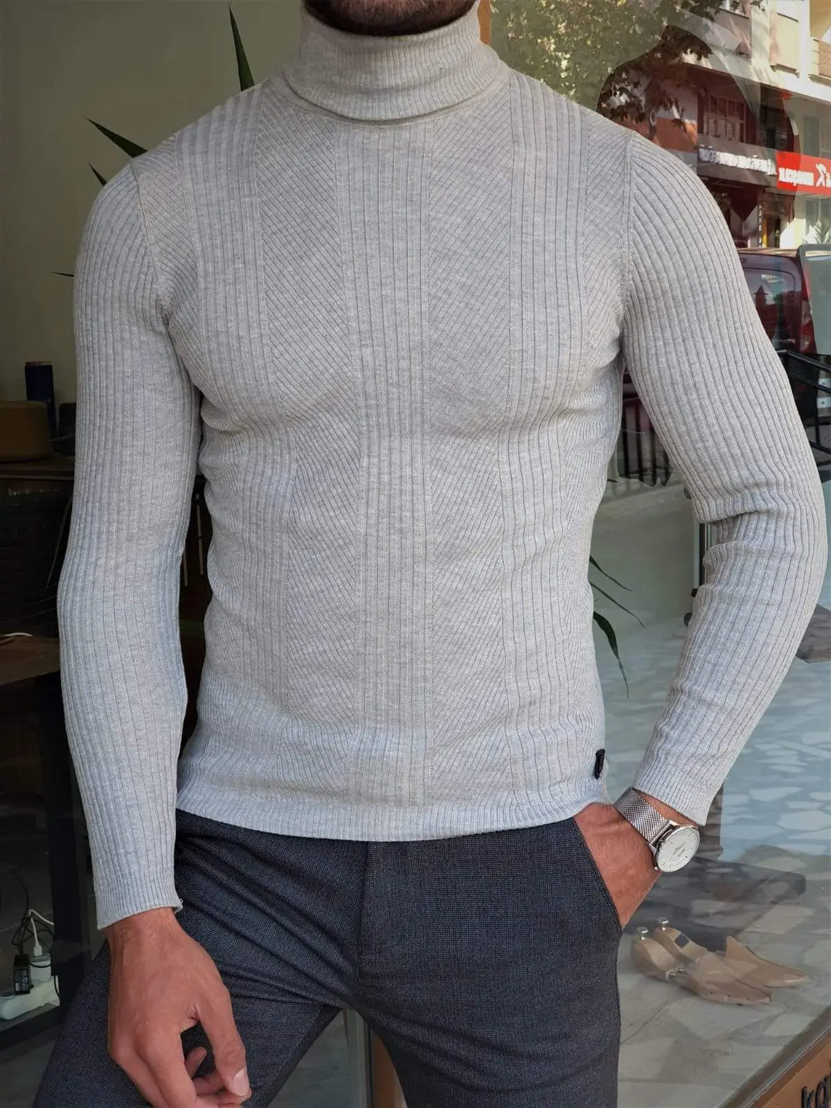 Elko Gray Slim Fit Striped Turtleneck Wool Sweater - BRABION