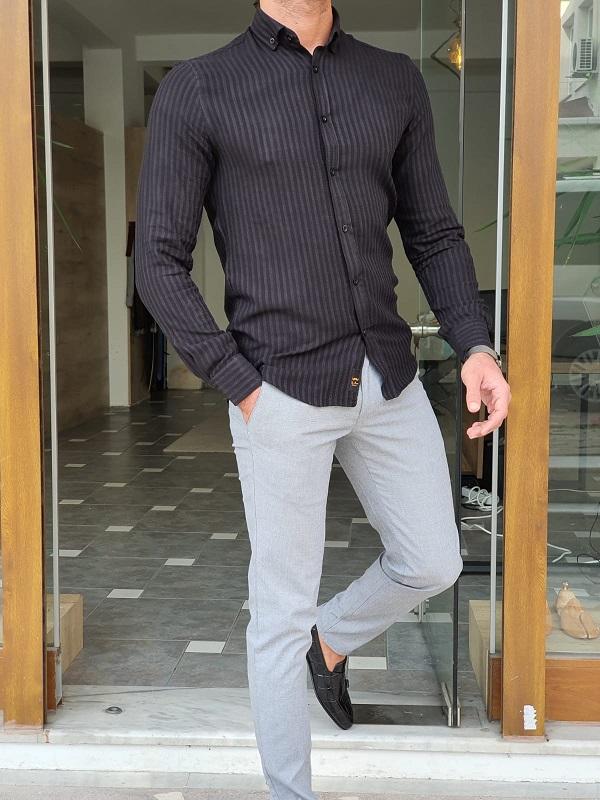 Brabion Mantova Black Slim Fit Long Sleeve Striped Cotton Shirt