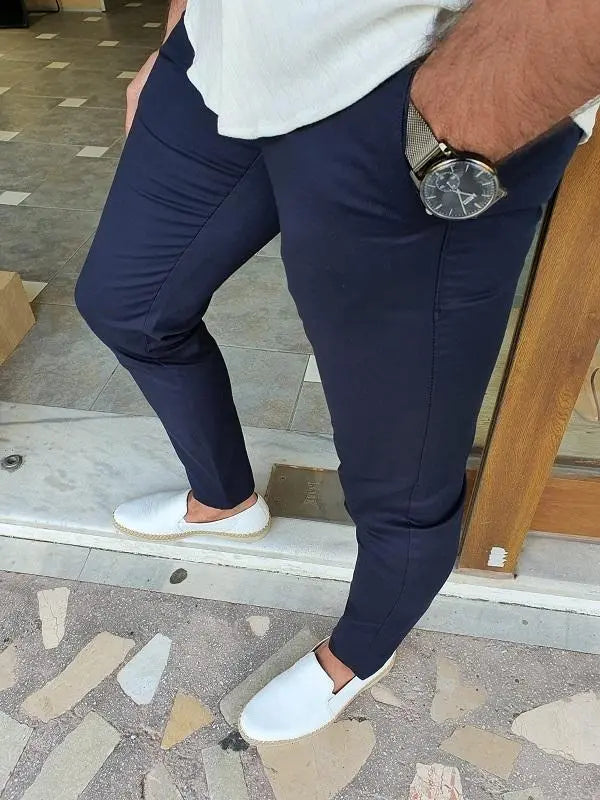 Mantova Ely Dark Blue Slim Fit Cotton Pants - BRABION