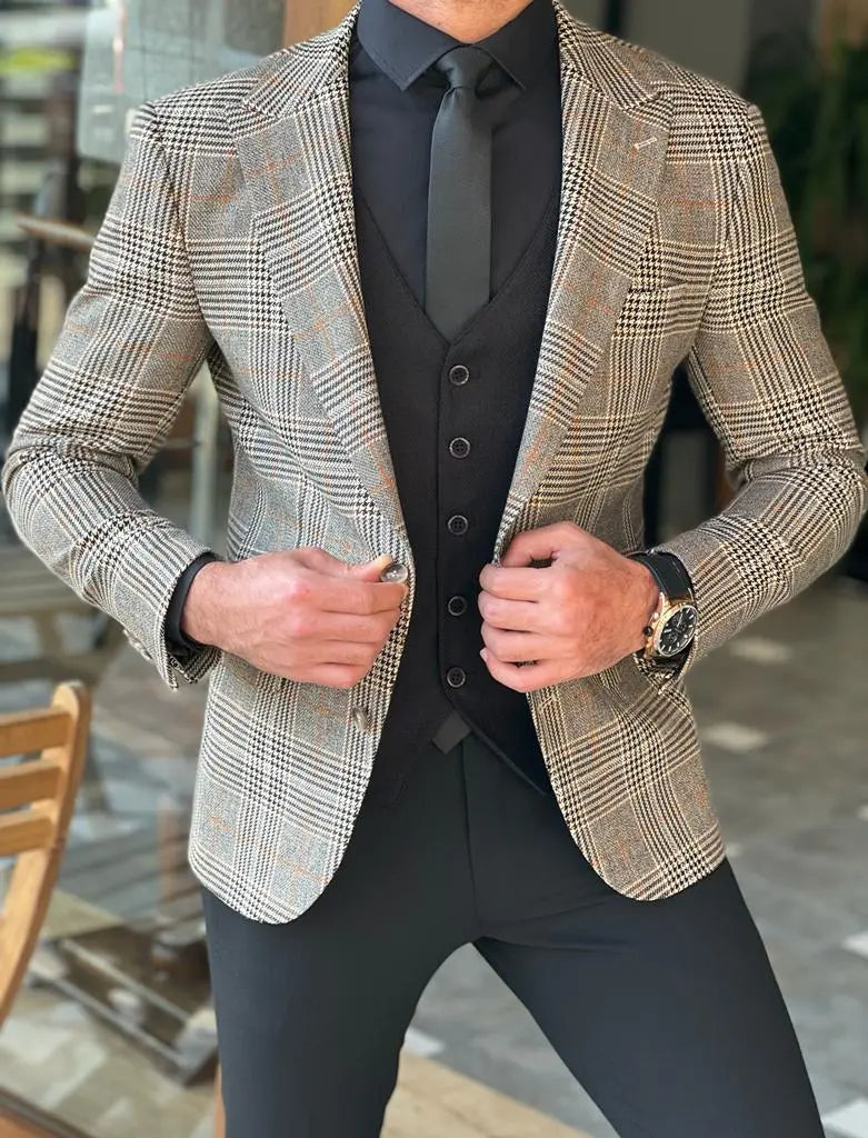 Empire Beige Slim Fit Plaid Blazer - BRABION