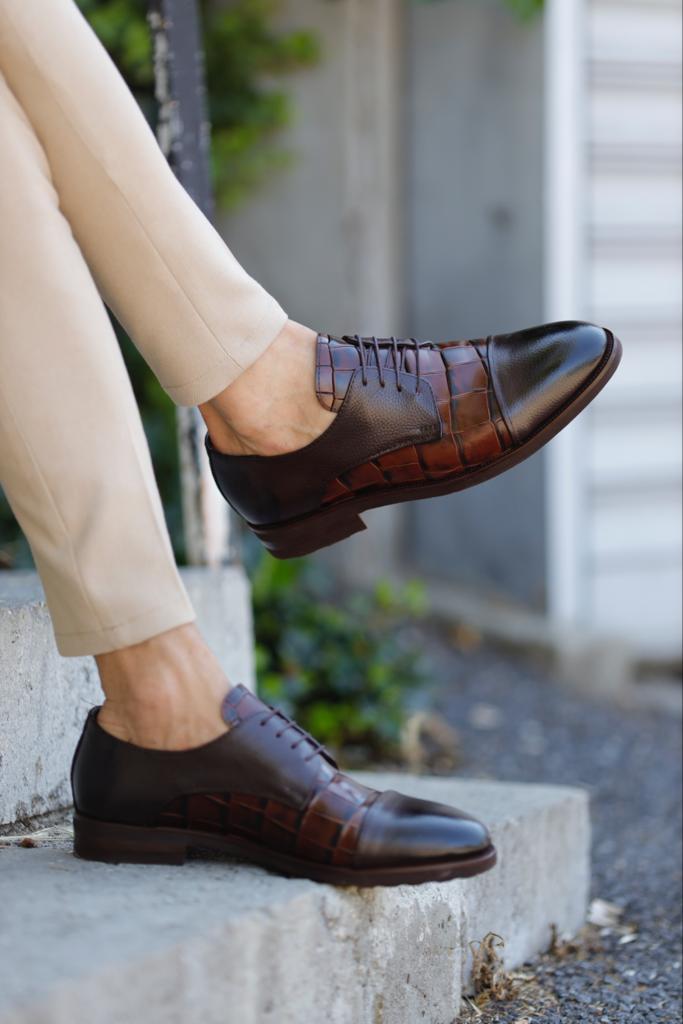 Empire Brown Cap Toe Crocodile Pattern Derby Shoes