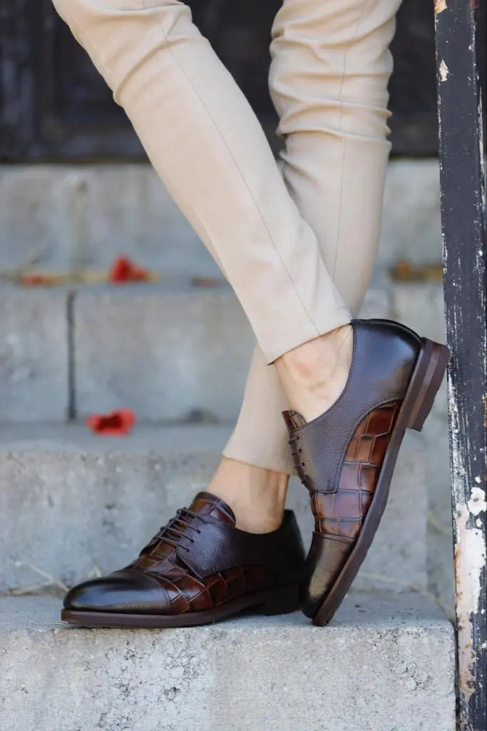 Empire Brown Cap Toe Crocodile Pattern Derby Shoes - BRABION