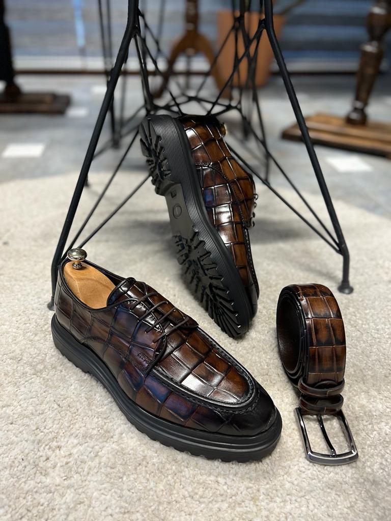 Empire Brown Crocodile Pattern Derby Shoes for Distinguished Men