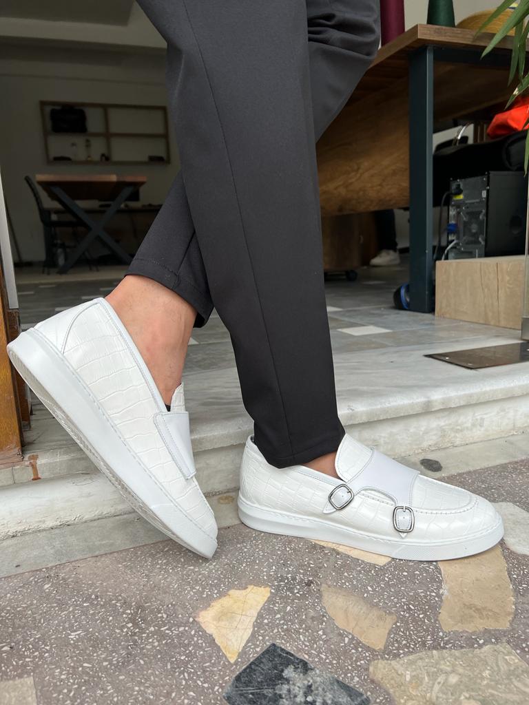 Empire White Crocodile Pattern Monk Strap Casual Shoes