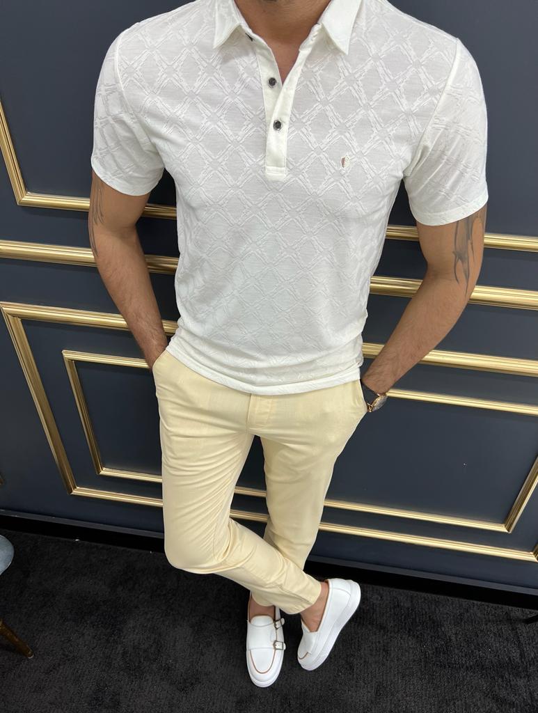 Enzo White Slim Fit Patterned Polo T-Shirt