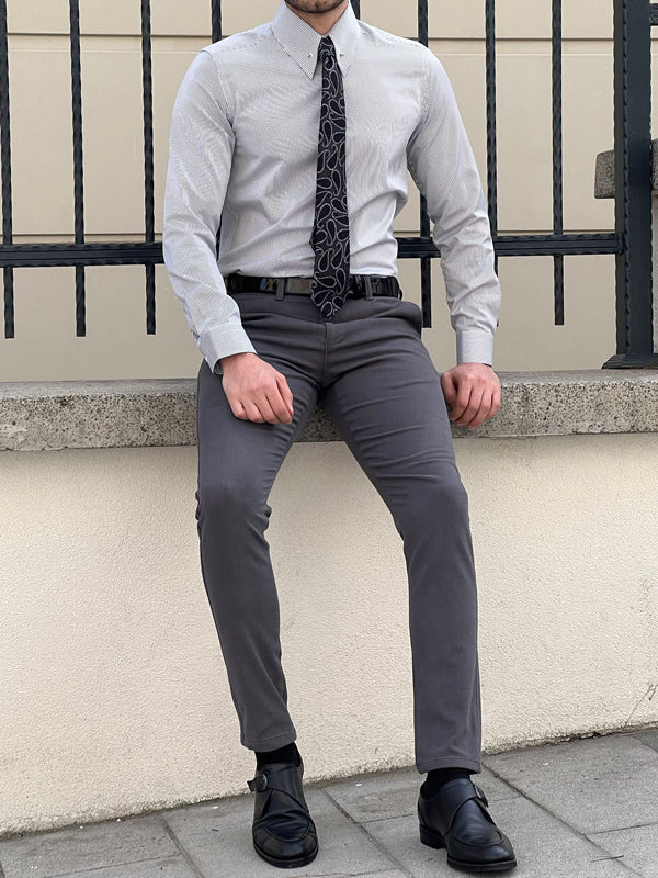Brabion Berton Black Slim Fit Long Sleeve Pinstripe Dress Shirt
