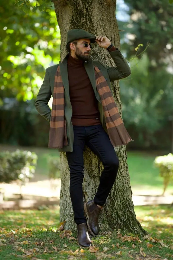 Caesar Slim Fit Double Breasted Khaki Wool Cachet Coat - Timeless Elegance - BRABION