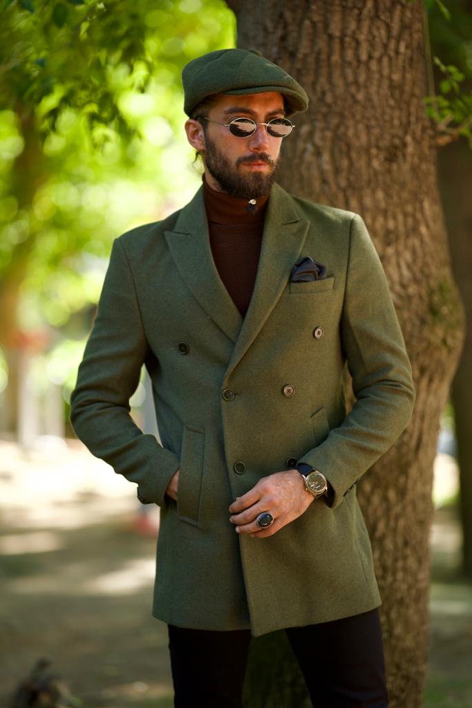 Stylish Caesar Slim Fit Double Breasted Khaki Wool Coat for Men