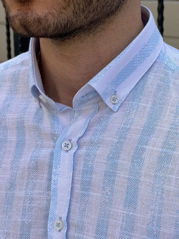 Brabion Tampa White Blue Slim Fit Striped Cotton Shirt - BRABION