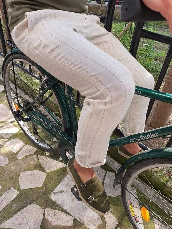 Bastoni Beige Slim Fit Pinstripe Linen Pants - BRABION