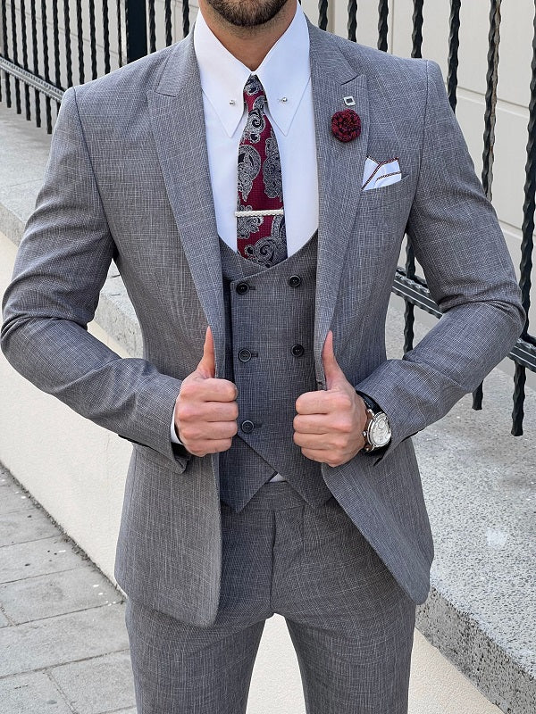 Napoli Gray Slim Fit Peak Lapel Crosshatch Suit