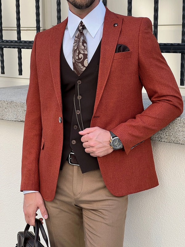 Elegant Rust Brown Slim Fit Blazer for Men Versatile Tailored