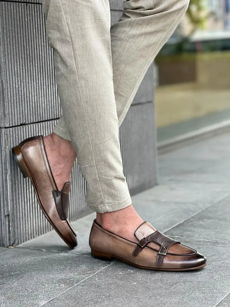 Lawson Beige Double Monk Strap Loafers for Men - BRABION