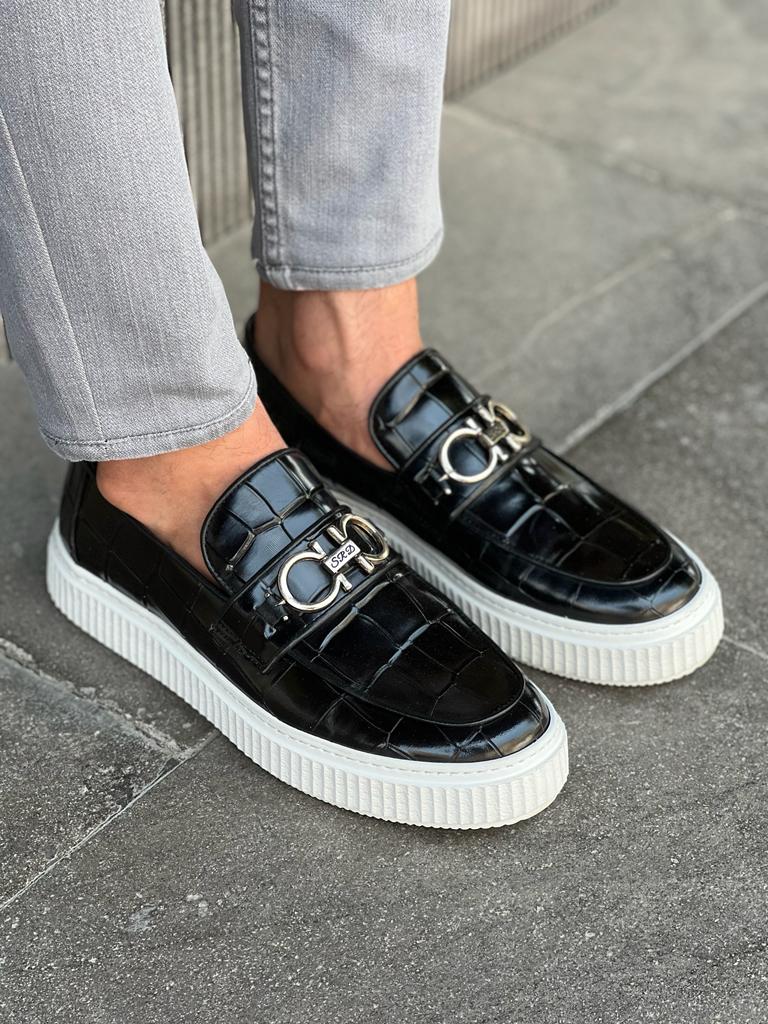 Lawson Black Crocodile Pattern Bit Loafers