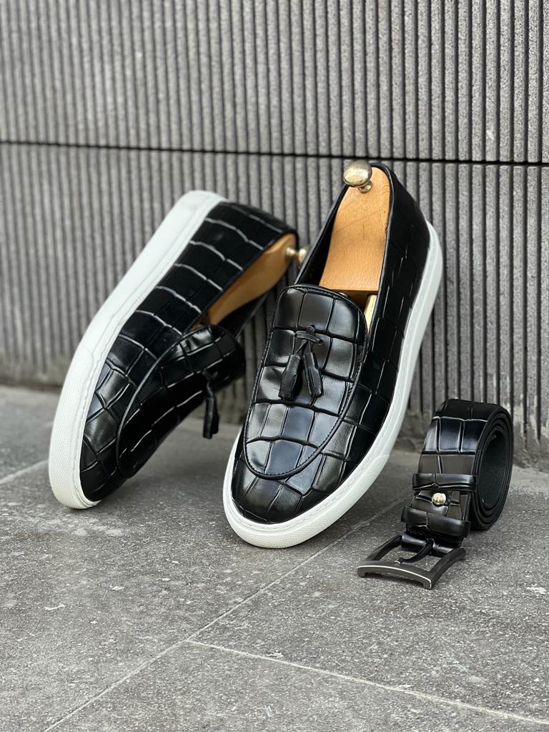 Lawson Black Crocodile Pattern Slip-Ons