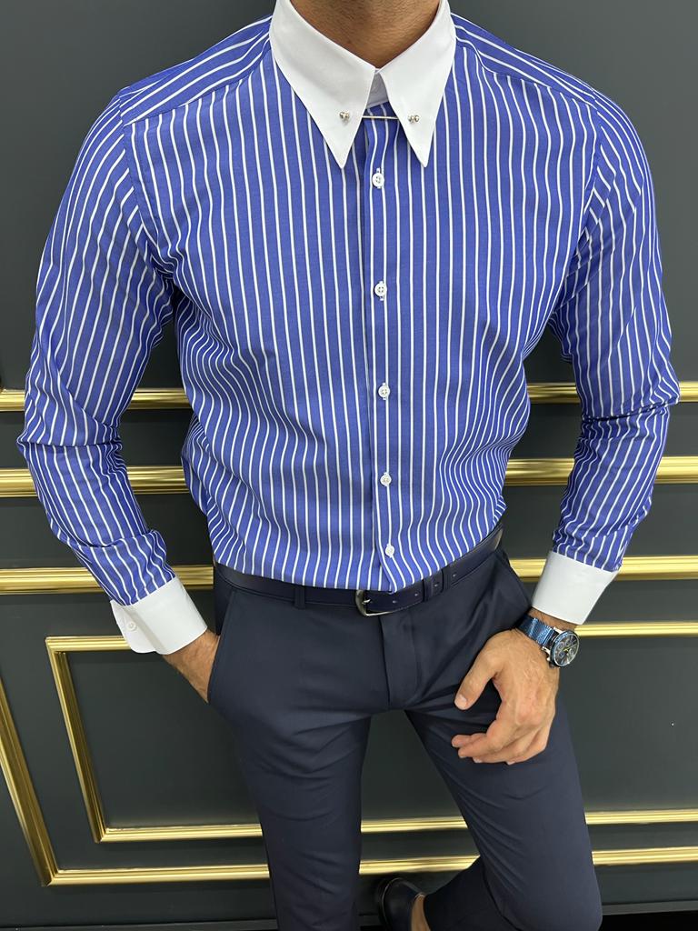 Berton Blue Slim Fit Striped Cotton Shirt