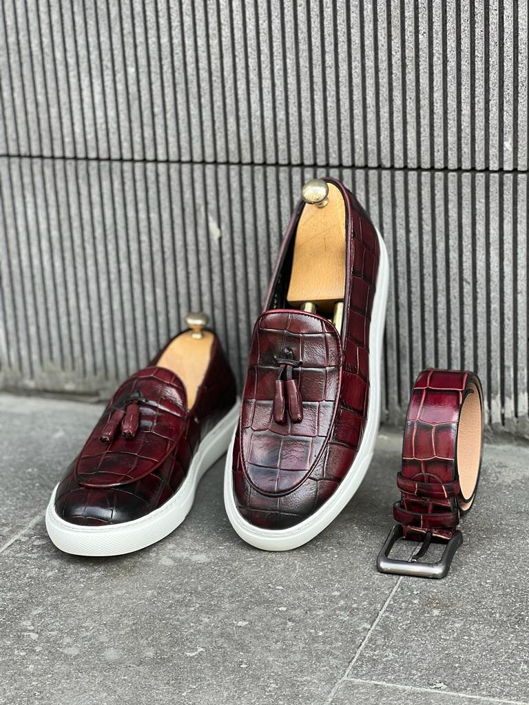 Lawson Burgundy Crocodile Pattern Slip-Ons - Stylish Leather Comfort