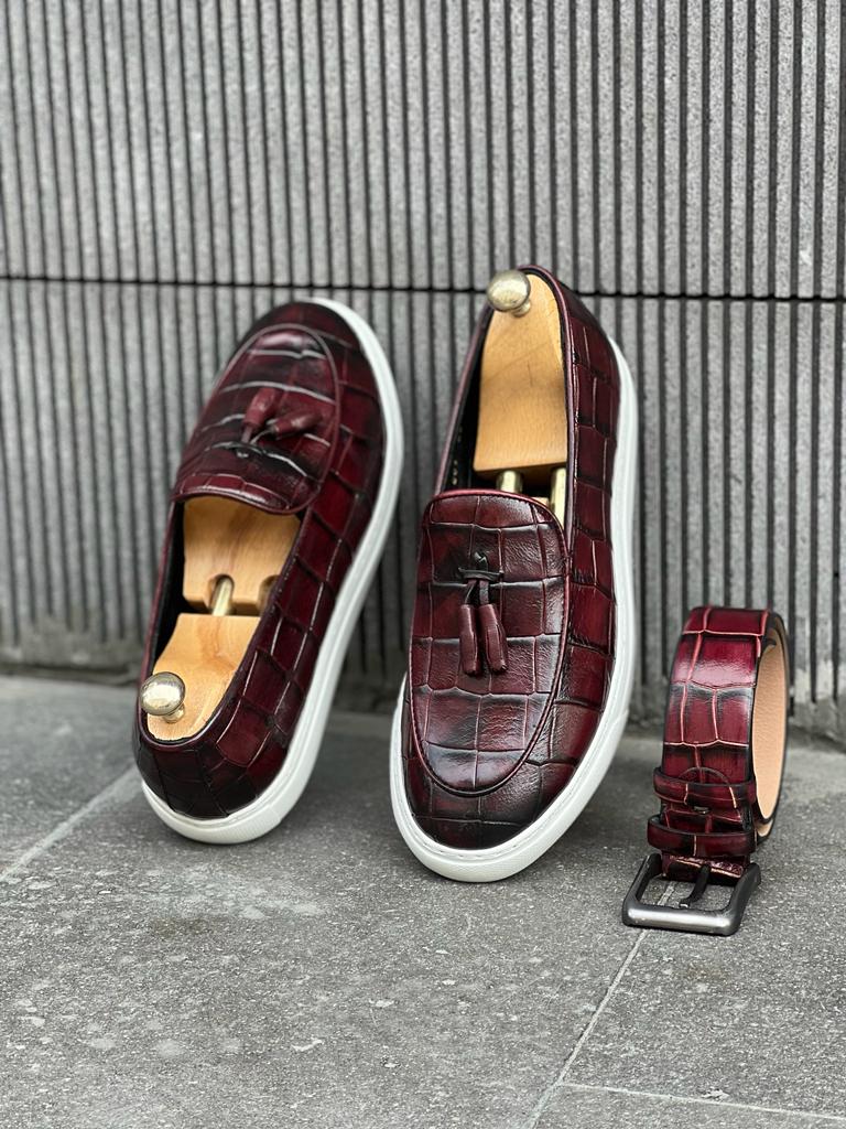 Lawson Burgundy Crocodile Pattern Slip-Ons - Stylish Leather Comfort