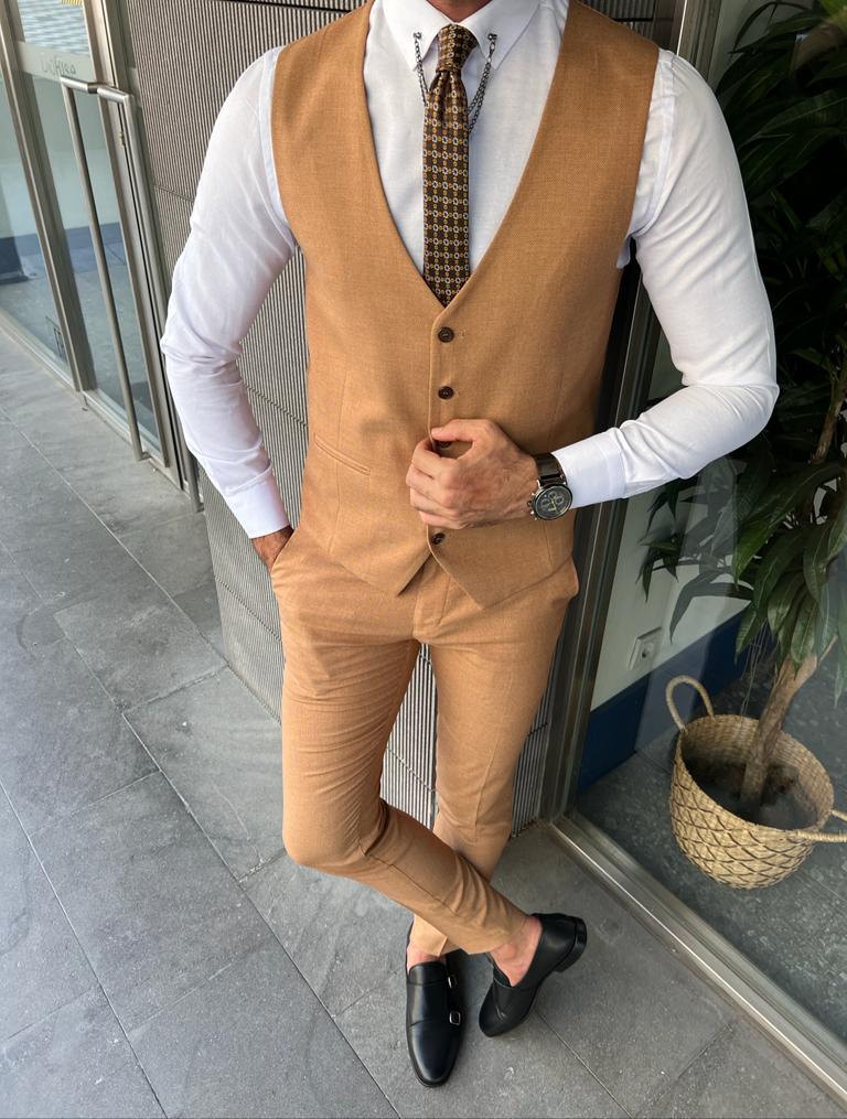 Evo Camel Brown Slim Fit Notch Lapel Suit