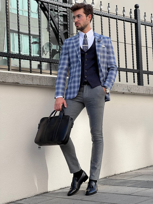 Plaid Pants Men's Navy Blazer With Grey Pants Grey Dress