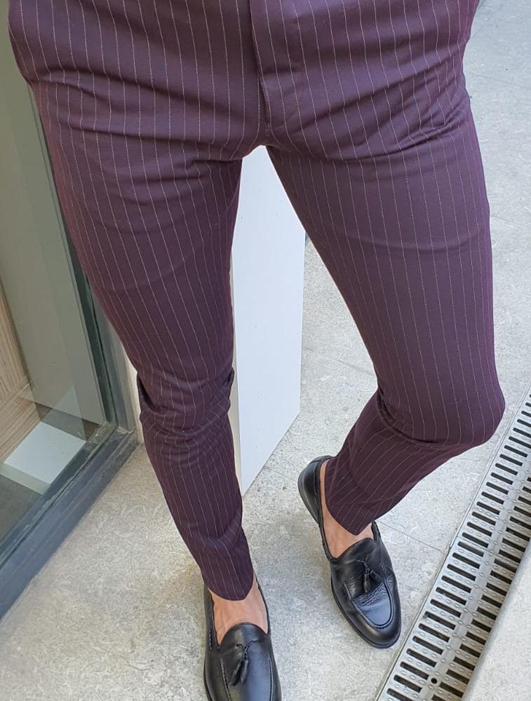 Oakland Burgundy Slim Fit Pinstripe Pants