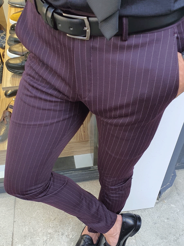 Oakland Burgundy Slim Fit Pinstripe Pants Versatile Comfort for Men BRABION