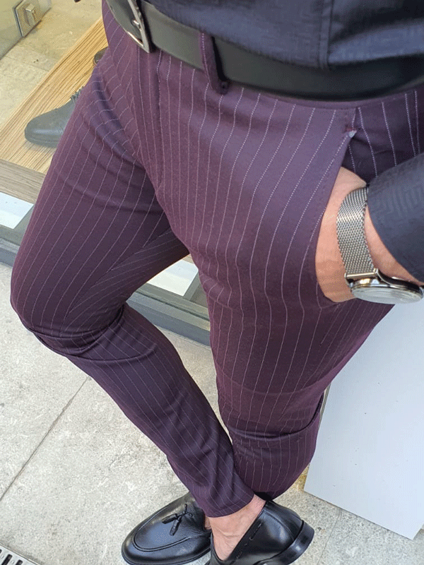 Oakland Burgundy Slim Fit Pinstripe Pants